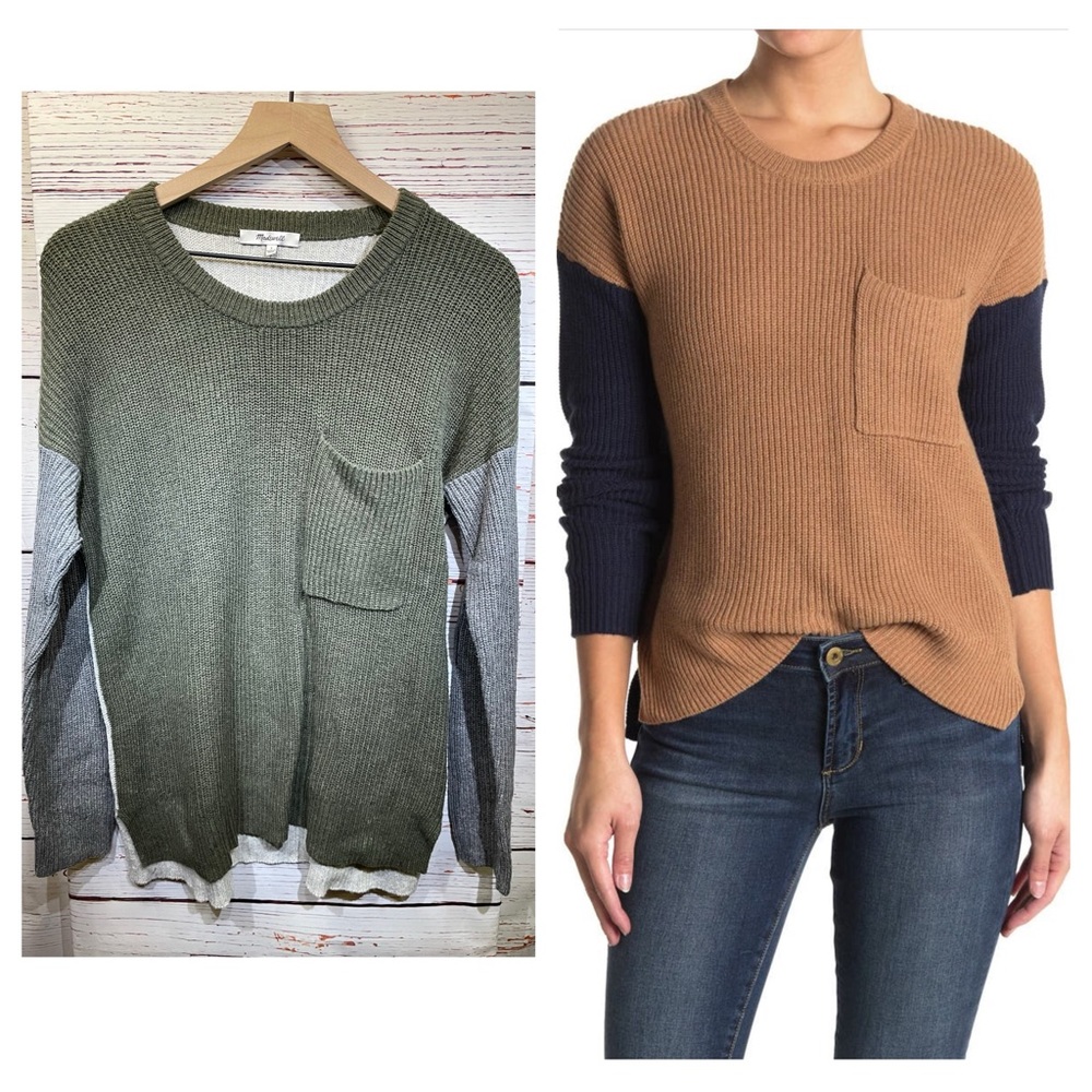 Madewell Women's Thompson Ribbed Colorblock Sweater in Green/Gray - size S